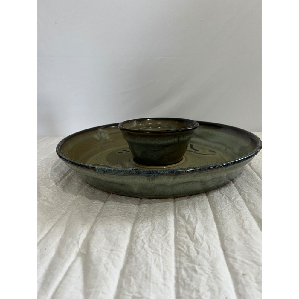 Studio Pottery Handmade Stoneware Chip and Dip Serving Set Green Brown